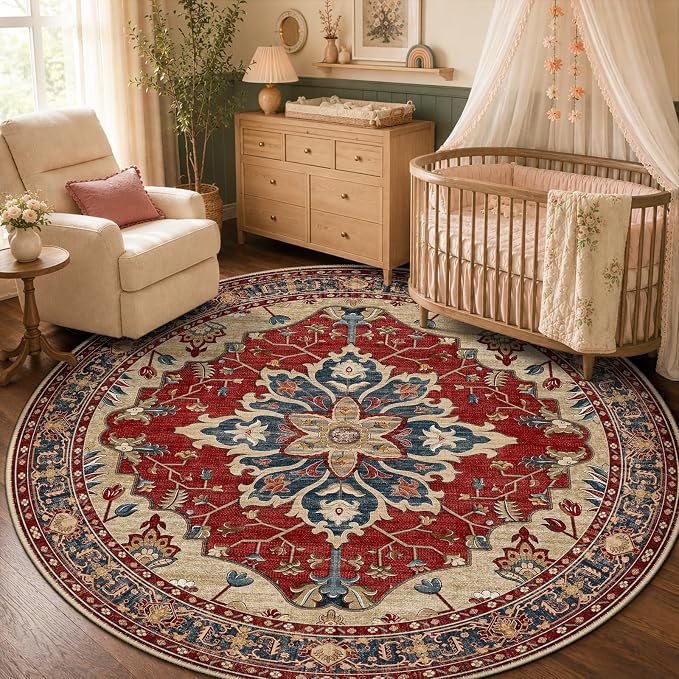 RELEANY Area Rugs Round 5ft Washable Non-Slip, Floral Vintage Distress Medallion Carpet for Living Room Bedroom Dining Room, Red Blue