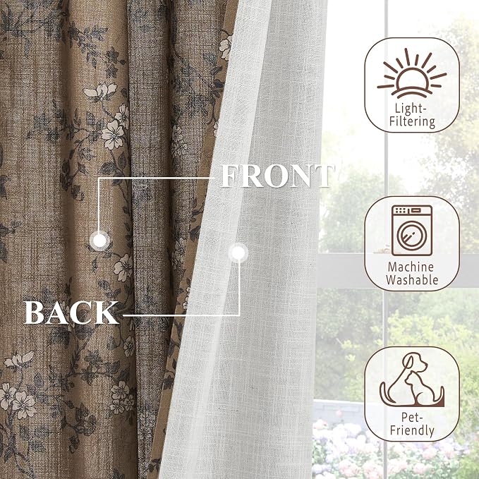 StangH Butterfly Floral Curtains anthropologie Elegant Vintage Farmhouse Decor Light Filtering Privacy Drapes Thick Linen Textured with Backtab, W52 x L96, Khaki, 2 Panels