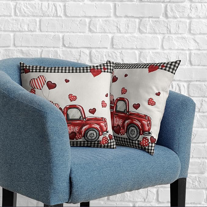 Throw Pillow Covers 18x18 Red Truck Pillow Covers Pack of 2 Heart Balloon Black Buffalo Plaid Decorative Pillow Case for Home Outdoor Deocr Couch