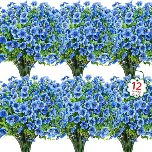Ouddy Decor 12 Bundles Artificial Flowers for Outdoors Fake Silk Flowers UV Resistant Faux Plastic Plants for Spring Summer Garden Porch Window Box Table Vase Home Indoor Outdoor Decoration, Blue