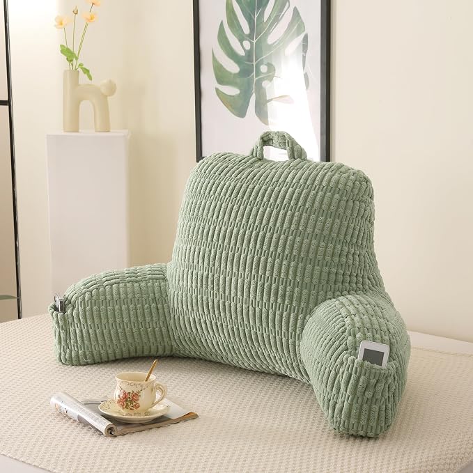 Reading Pillow for Sitting in Bed with Arm,Green Corduroy,M | Sitting Pillow for Teens Back Support,17" Backrest Pillow Supports Reading,Gaming & Relaxing in Bed,Couch,Floor