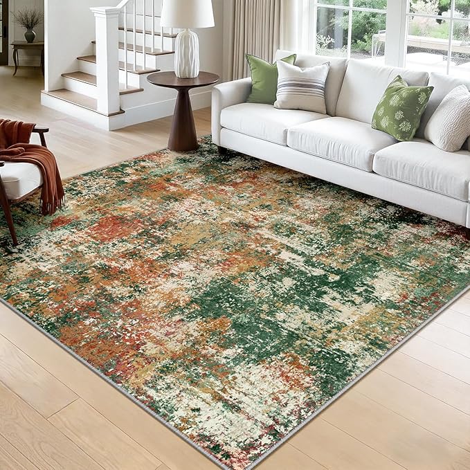 RELEANY Washable Area Rugs Square 8ft Non-Slip Modern Abstract Soft for Living Room Entryway Bedroom Nursery, Print Pattern, Green Orange Rust Red Cream Colorful
