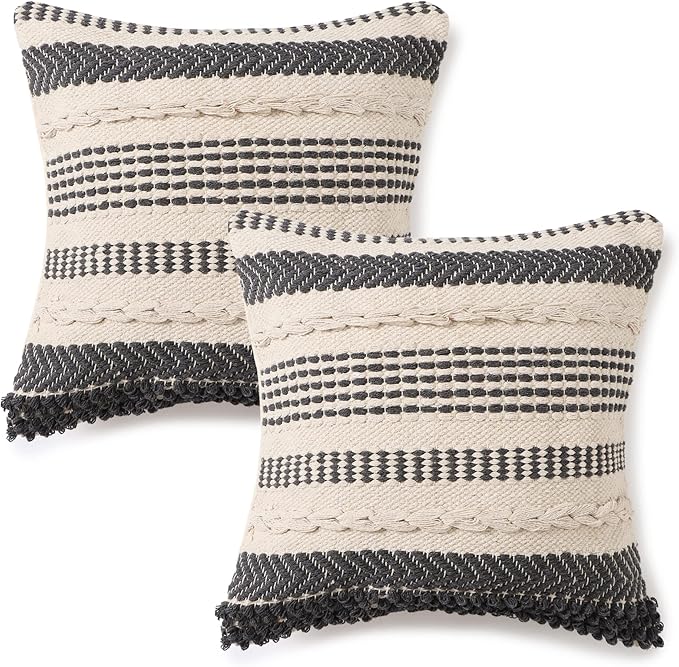 REDEARTH · Boho Textured Throw Pillow - Cushion Covers Woven Tufted Decorative Farmhouse Cases Set for Couch - Sofa - Bed - Dining - Patio - Outdoor - 100% Cotton (18"x18" -Precis Descant) Pack of 2