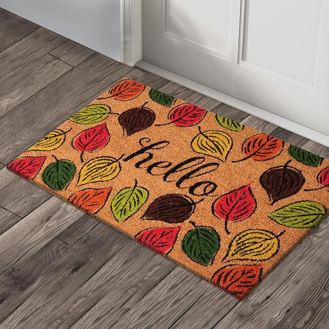 A1HC Natural Coco Coir Door Mat Hello Autumn Leaves Doormat with Heavy Duty Non-Slip PVC Backing - 18" x 30" - Easy to Clean, Welcome Mat for Home, Low-Profile Durable Doormat