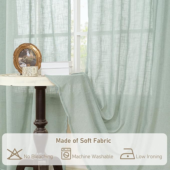 LAMIT Living Room Linen Curtains - 90 Inch, Back Tab & Rod Pocket, Light Filtering, Burlap Textured Sheer Curtains for Farmhouse, 2 Panels, 52 x 90 Inch, Light Sage