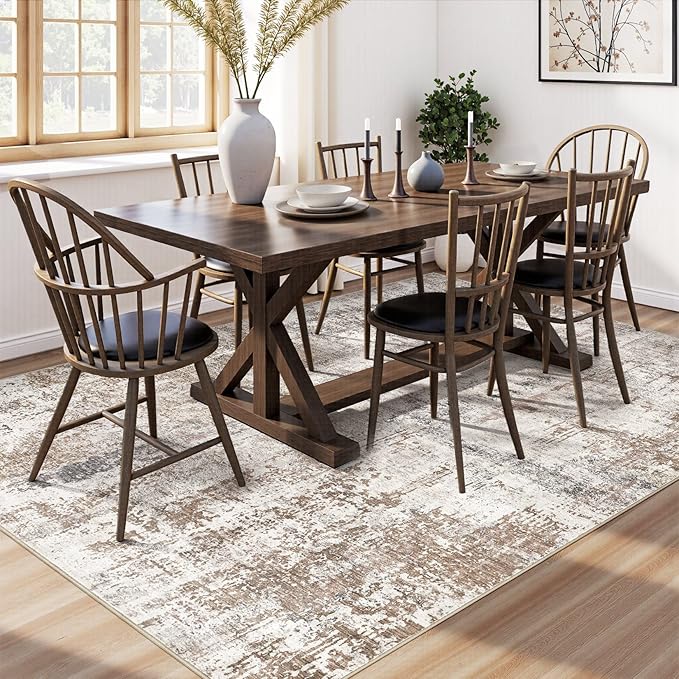UERMEI Area Rug Living Room Rugs - Washable Neutral Modern Abstract Soft Thin Rug Indoor Floor No Slip Rug Carpet for Bedroom Under Dining Table Home Office Decor - Brown/Grey/Red - 9x12