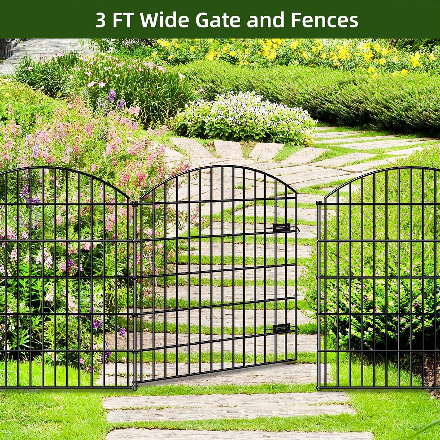 Metal Garden Gate and Fences Outdoor ECG1191, 1 Gate + 4 Fence Panels,43.2in Tall and Total Length 14.75ft, Heavy Duty Fencing for The Yard Privacy Temporary Animal Barrier for Dog, Black