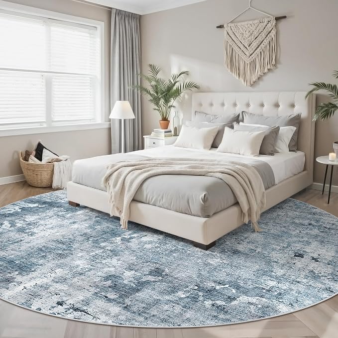 Soalmost 9x9 Blue/Grey Round Rug 9ft Living Room Circle Rug Vintage Round Area Rug Non Slip Indoor Carpet for Apartment