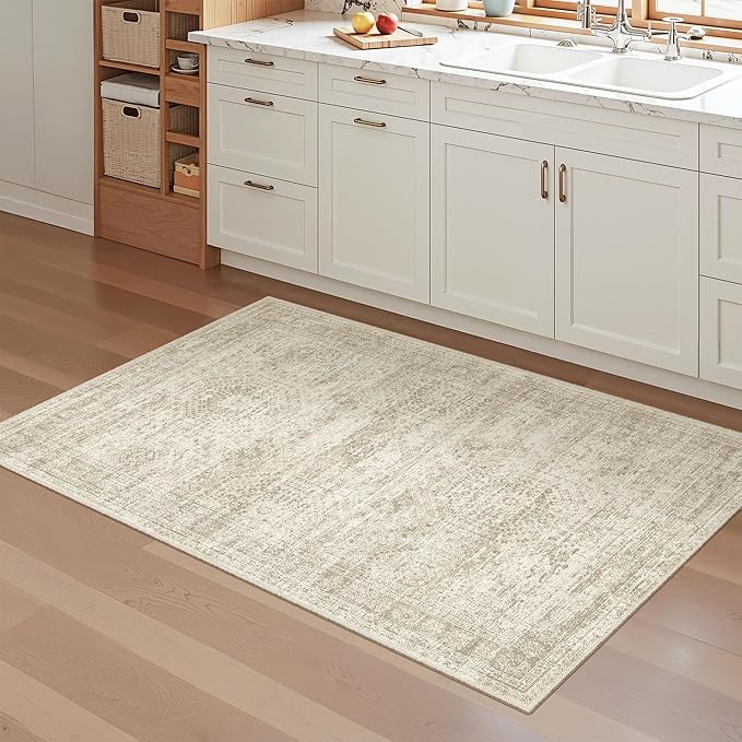 Soalmost 3x4 Rug, Small Area Rug for Kitchen, Entryway, Machine Washable Non-Slip Throw Rug, Vintage Carpet for Nursery Coffee Table Beige