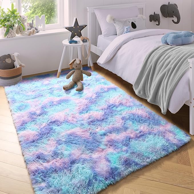 PAGISOFE Adorable Rainbow Mermaid Rugs for Girls Bedroom Plush Fluffy Purple Rug 3x5 Ft,Kawaii Carpet for Living Room,Non-Slip Indoor Princess Rugs for Nursery Kids Girls Room Home Cute Colorful Decor