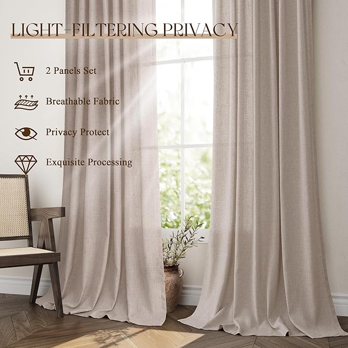 Jowels Oatmeal Linen Curtains 108 Inch Long 2 Panels for Living Room | Light Filtering Semi Sheer Curtain, Back Tab Pocket Pleated Look, Boho Farmhouse Textured Privacy Drapes for Bedroom Window