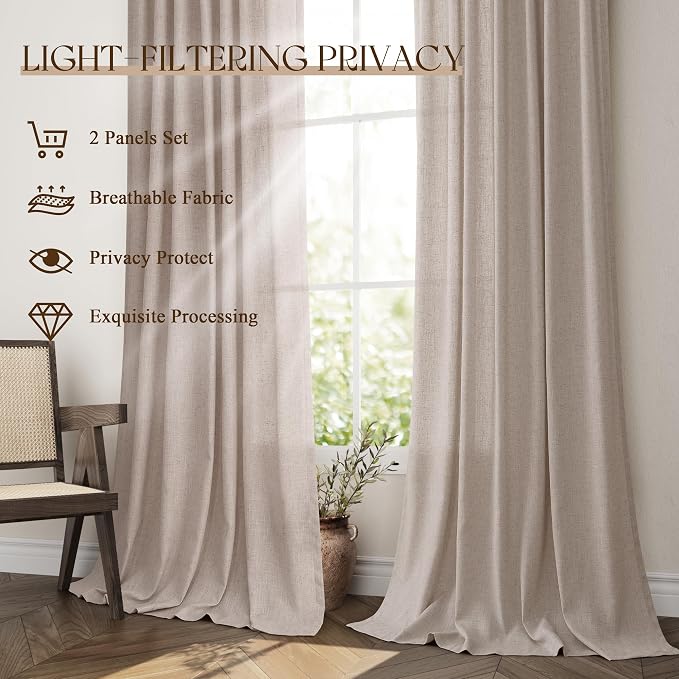Jowels Oatmeal Linen Curtains 84 Inch Long 2 Panels for Living Room | Light Filtering Semi Sheer Curtain, Back Tab Pocket Pleated Look, Boho Farmhouse Textured Privacy Drapes for Bedroom Window