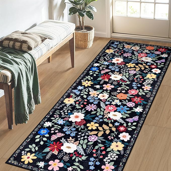 Runner Rug for Entryway: 2x5 Kitchen Rugs Non Slip Washable Ultra-Thin Soft Floral Carpet Indoor Floor Stain Resistant Carpets for Hallway Bedroom Kitchen Laundry Bathroom Dorm Black