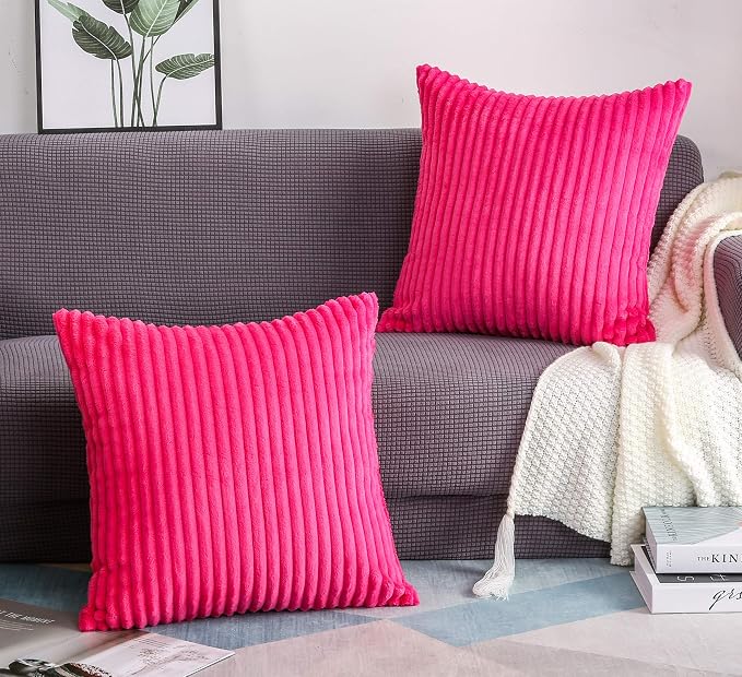 TangDepot Velvet Big Corduroy Pillow Covers 24x24 Hot Pink 2-Pack | Soft wide-stripe corduroy pillow cover, hidden zipper, machine washable, easy refresh, for bedroom living room indoor outdoor