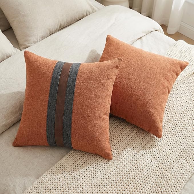 BOYSUM Set of 2 Leather Throw Pillow Covers Cotton Linen Decor Patchwork Pillow Cover Faux Leather Pillows Cover for Couch Sofa Living Room Bedroom,Orange 20"x20"