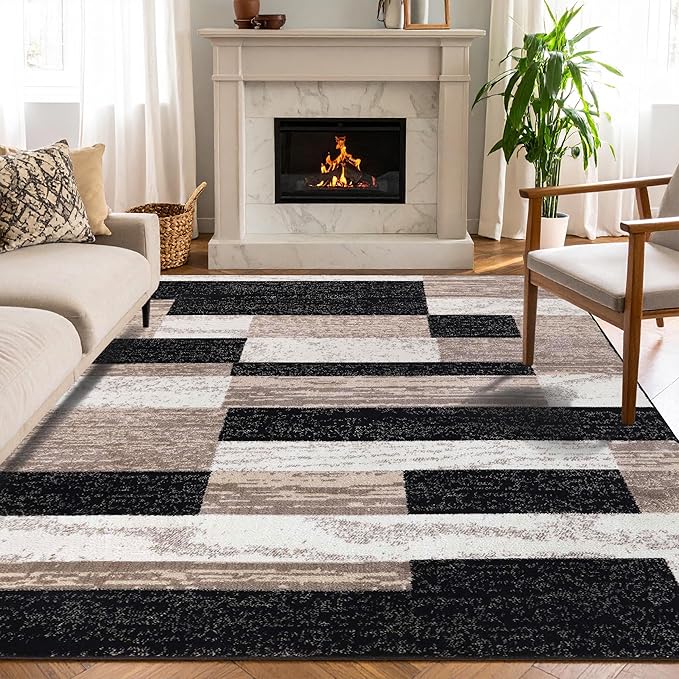 Superior Indoor Area Rug, Jute Backed, Modern Geometric Patchwork Floor Decor for Bedroom, Office, Living Room, Entryway, Kitchen, Hardwood Floors, Rockwood Collection, 9' x 12', Ivory-Beige