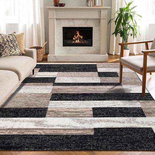 Superior Indoor Area Rug, Jute Backed, Modern Geometric Patchwork Floor Decor for Bedroom, Office, Living Room, Entryway, Kitchen, Hardwood Floors, Rockwood Collection, 9' x 12', Ivory-Beige