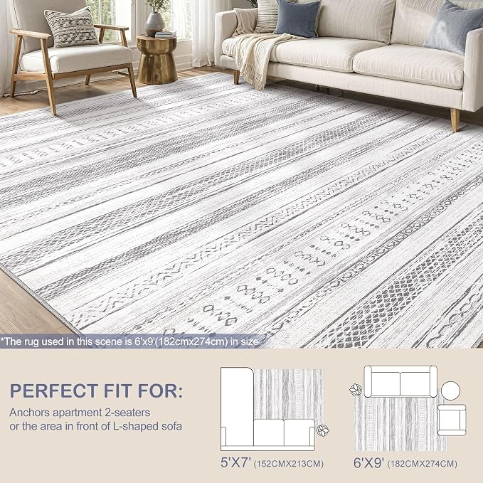 Tortania Area Rug Living Room Rugs - 5x7 Washable Large Soft Neutral Boho Moroccan Bohemian Farmhouse Rug Indoor Floor Carpet for Bedroom Under Dining Table Home Office Decor - Light Grey