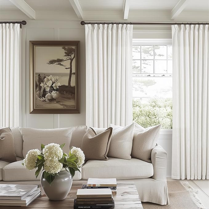 Beige White Pinch Pleated Linen Curtains 102 Inches Long 60 Inch Width Linen Blend Light Filtering Window Curtains 102 Inch for Living Room Bedroom Patio Pinch Pleat Drapes Hooks Rings 1 Panel 60x102