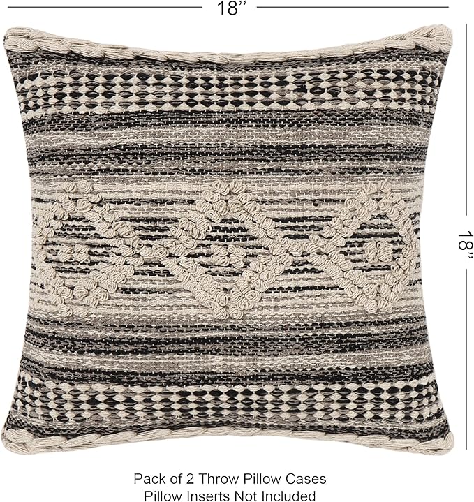REDEARTH · Textured Throw Pillow Cushion Covers-Woven Tufted Decorative Farmhouse Cases Set for Couch, Sofa, Bed, Chair, Dining, Patio, Outdoor; 100% Cotton (18"x18", Diamond Virgule) Pack of 2