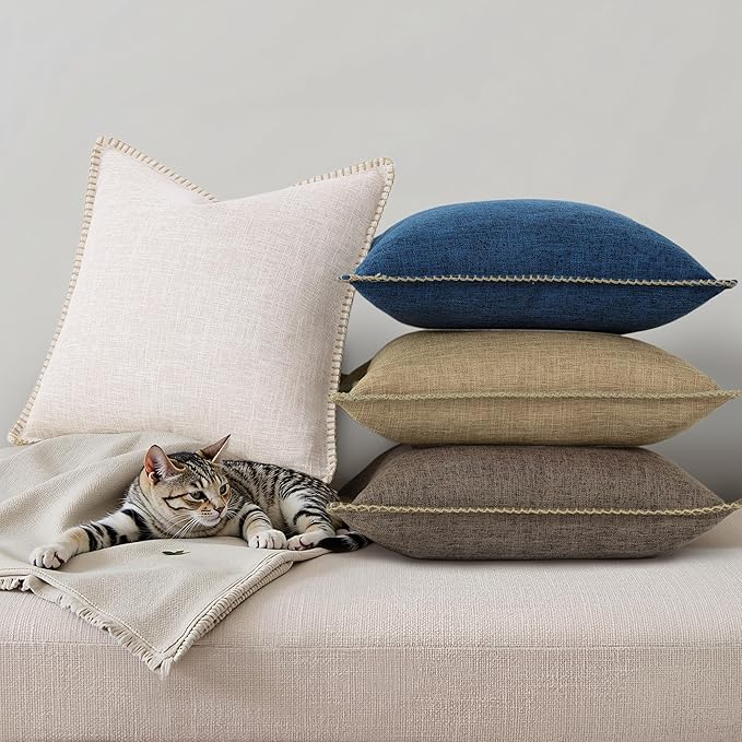 decorUhome Summer Decorative Throw Pillow Covers 16x16 Set of 2 Square Faux Linen Farmhouse Pillow Covers with Stitched Edge Outdoor Neutral Pillow Covers for Couch Sofa Living Room, Khaki