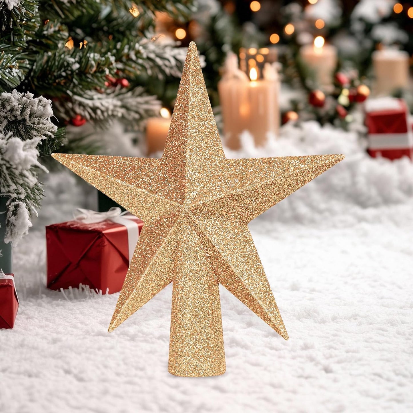 Christmas Tree Decoration, 6" Champagne Christmas Tree Topper Star Accessories, Xmas Glitter 3D Bethlehem Tree Ornament, Waterproof Holiday Christmas Tree Topper Star Decorations for Home Decor