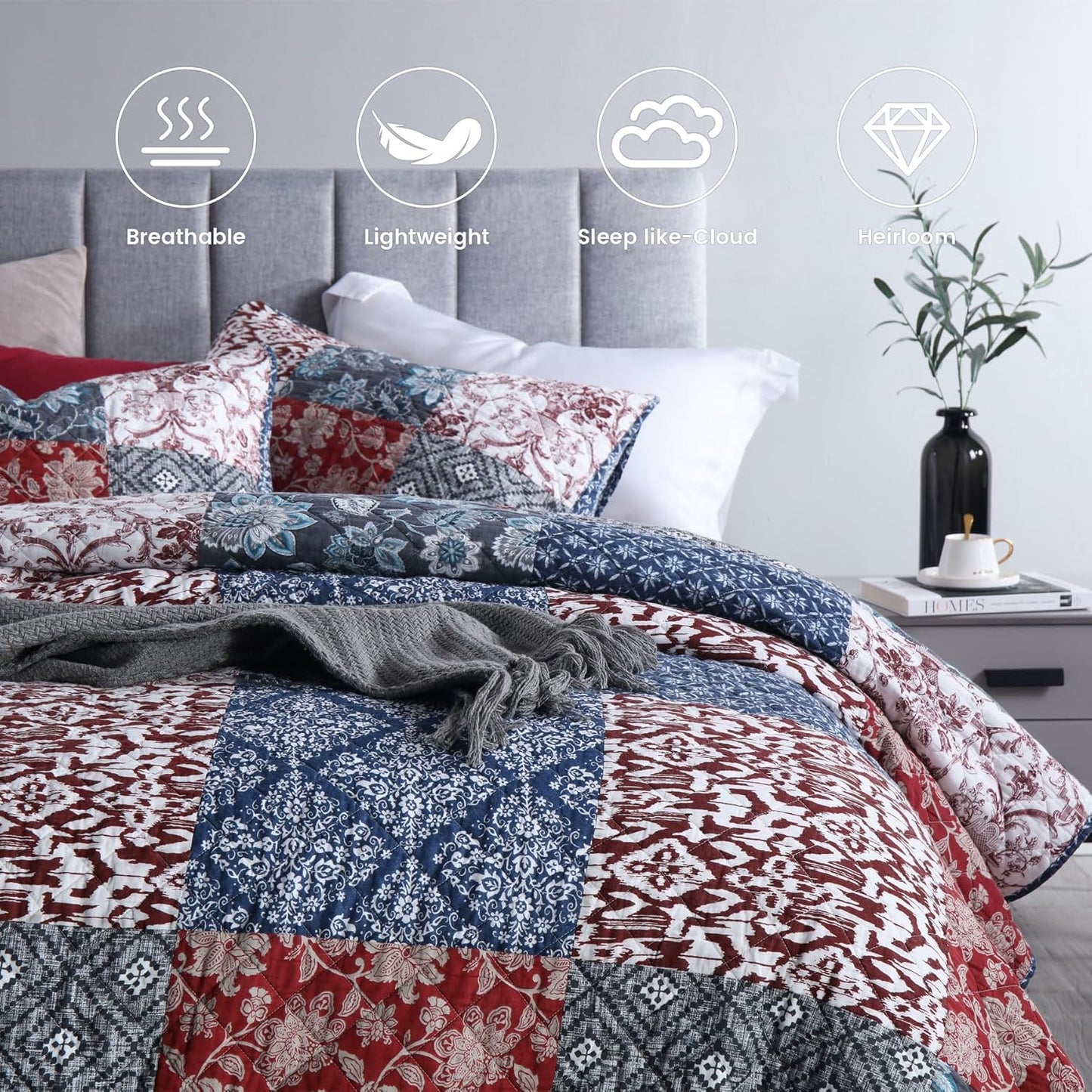 Secgo King Size Comforter Set- 100% Cotton Quilt King Size Set, Burgundy bedspreads (96 * 108 Inch) with 2 Pillow Shams, Patchwork Reversible Lightweight Bedding