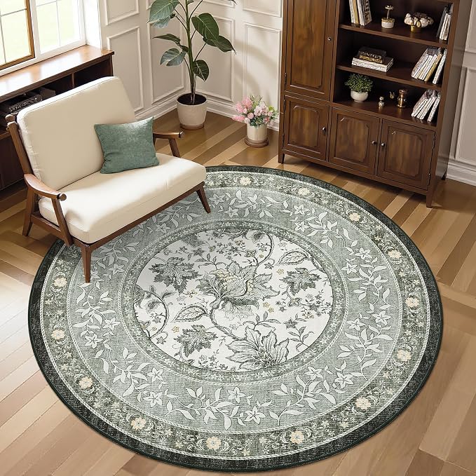 GarveeHome Provence Fog Gray Botanical Grove 6ft Round Rug, Small Circle Vintage Cottagecore Soft Low-Pile Non-Slip Washable Rugs for Living Room Bedroom Nursery Kitchen Retro Carpet