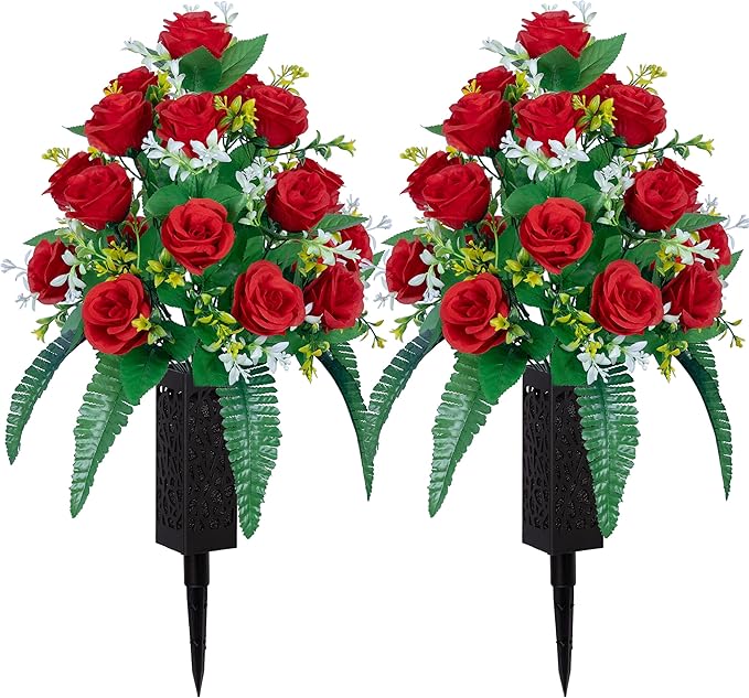DONODA 2 Sets of Artificial Cemetery Flowers， Outdoor Grave Decorations Roses，Accompanied by 2 Long Nail Vases，Lasting and Non-Bleed Colors. (18 Heads (red))