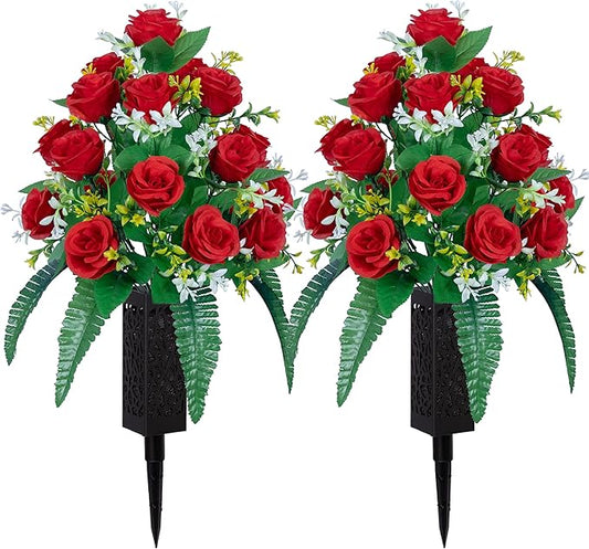DONODA 2 Sets of Artificial Cemetery Flowers， Outdoor Grave Decorations Roses，Accompanied by 2 Long Nail Vases，Lasting and Non-Bleed Colors. (18 Heads (red))