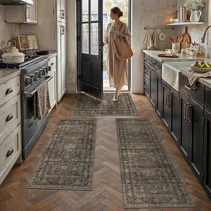 3 Piece Washable Kitchen Rug Set Vintage Brown Non Slip Low Pile Runner Mats Traditional Retro Soft Area Rugs for Hallway Bathroom Floor Sink Laundry Bedroom Entryway, 2x3 + 2x4 + 2x5