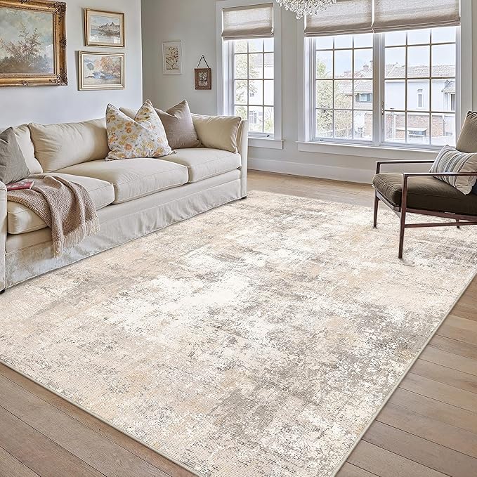 8x10 Washable Area Rug Beige Grey Abstract Living Room Bedroom Carpet Neutral Modern Non Slip Medium Pile Thicker Indoor Large Throw Rug for Dining Room Office