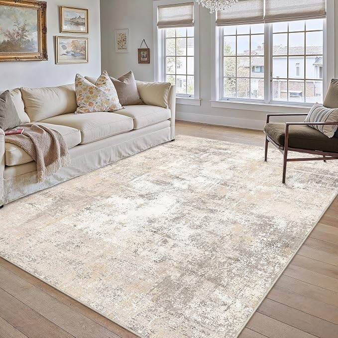 10x14 Washable Area Rug Beige Grey Abstract Non Slip Soft Low Pile Rug for Living Room Bedroom Dining Room Office Neutral Modern Indoor Large Throw Carpet for Home Decor