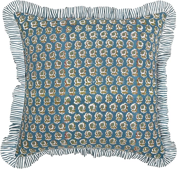 Ridhi Block Print Peacock Blue Throw Pillow Cover 18" x 18" (Pack of 2) Decorative Cushion Covers with Ruffle for Couch, Sofa, Bed, Living Room, Home Decor Gift for Spring, Easter, Valentine
