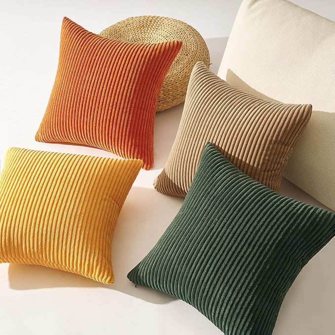 Topfinel Boho Farmhouse Green Rust Striped Pillow Covers 24x24 Set of 4 Mordern Nordic Soft Corduroy Cushion Covers Fall Home Decor for Couch Bed Sofa Living Room Forest Green
