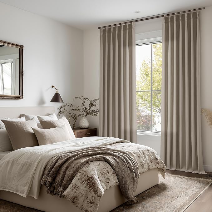 Taupe Linen Curtains Pinch Pleated 84 Inch Length for Living Room Bedroom 2 Panels Neutral Farmhouse Burlap Light Filtering Pinch Pleat Drapes Semi Sheer Dark Flax Window Curtain Grey Beige Greige
