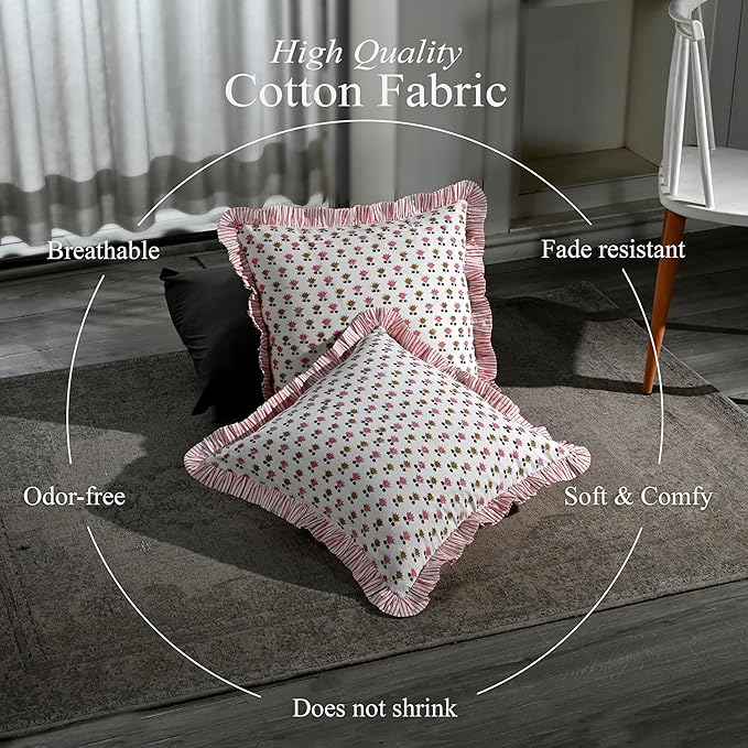 CPC Rosette Bloom Hand Block Print 100% Cotton Ruffle Throw Pillow Cover 24x24 inch with Hidden Zipper Decorative for Couch, Bed, Sofa, Farmhouse, Cottagecore Decor Gift Christmas Fall Thanksgiving