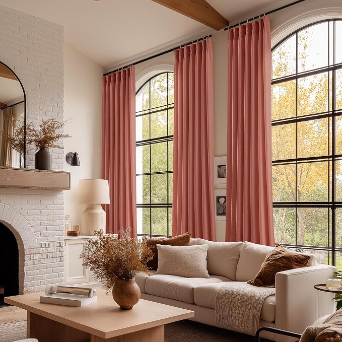 Pleated Terracotta Linen Curtains 96 Inches Long for Living Room 2 Panels Semi Sheer Light Filtering Pinch Pleat Rings Hooks Drapes Farmhouse Rustic Rust Colored Burnt Orange Curtain Bedroom Window