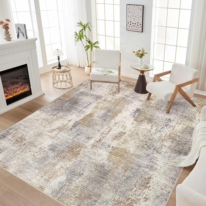 DMOYEST Area Rug Living Room Rugs - 8x10 Washable Large Soft Indoor Neutral Modern Abstract Low Pile Rug Carpet for Bedroom Dining Room Farmhouse Home Office - Brown Grey