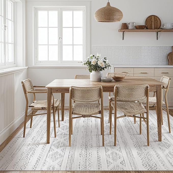 Tortania Area Rug Living Room Rugs - 8x10 Washable Large Soft Neutral Boho Moroccan Bohemian Farmhouse Rug Indoor Floor Carpet for Bedroom Under Dining Table Home Office Decor - Ivory Gray