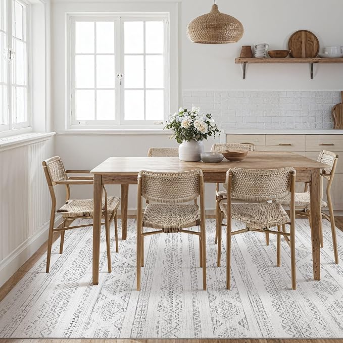 Tortania Area Rug Living Room Rugs - 6x9 Washable Large Soft Neutral Boho Moroccan Bohemian Farmhouse Rug Indoor Floor Carpet for Bedroom Under Dining Table Home Office Decor - Ivory Gray