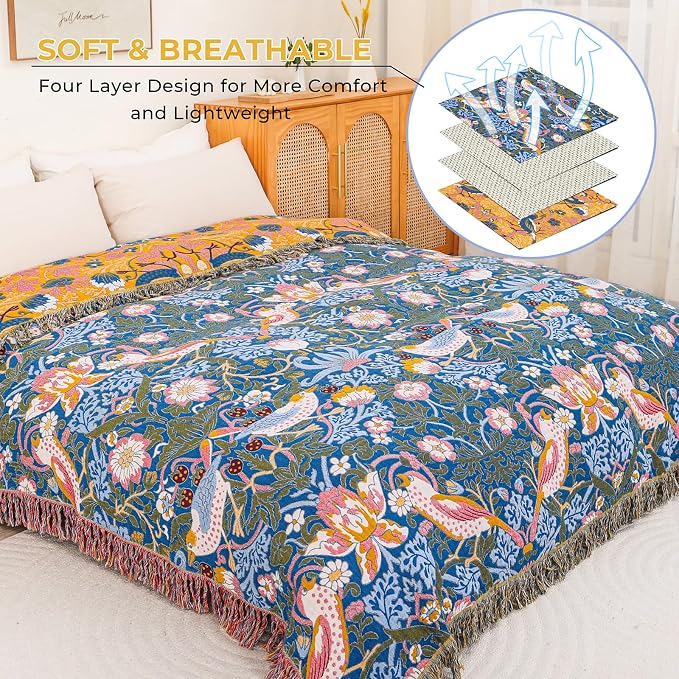 Boho Cotton Muslin Twin Size Bed Throws,100% Cotton Rustic 4 Layer Reversible Bid and Floral Woven Washable Breathable Decor Blanket 60"×80" for Couch Sofa All Seasons,Blue &Yellow