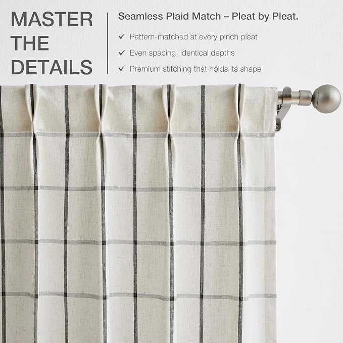 Vision Home Black Plaid Linen Pinch Pleated Semi Sheer Curtains Checkered Light Filtering Window Panels 102 inches Long for Living Room Bedroom Rustic Pleat Drapes with Back Tab Hooks 40" Wx102 Lx2