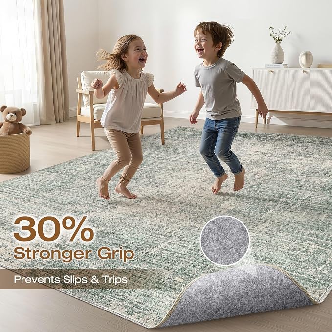 6x8 Area Rugs Living Room: Washable Large Neutral Green Rug Abstract Soft Modern Stain Resistant Indoor Floor Non-Slip Carpet for Bedroom Nursery Kids Office Playroom Dining Room Under Table Home
