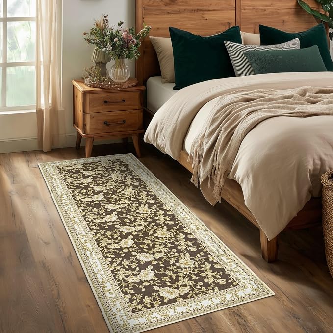 Brown Runner Rugs 2x6 for Hallway Kitchen Bedroom Beside Laundry Room Bathroom Rug Boho Modern Washable Non Slip Low Pile Stain Resistant Soft Long Carpet Mat Brown Cream Beige Floral Pattern