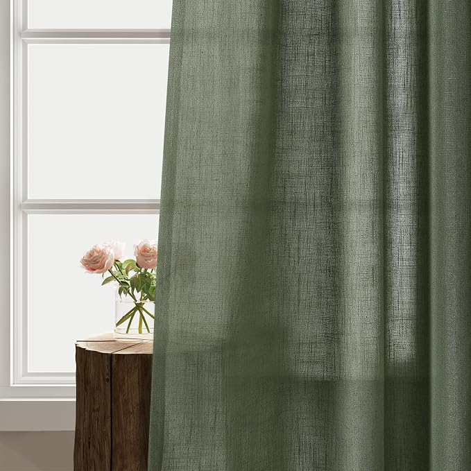 Olive Green 96 Inch Linen Curtains for Sliding Door Living Room Grommet Neutral Farmhouse Boho Light Filtering Semi Sheer Forest Green Curtain Drapes for Bedroom Aesthetic 96 Inches Long 2 Panels