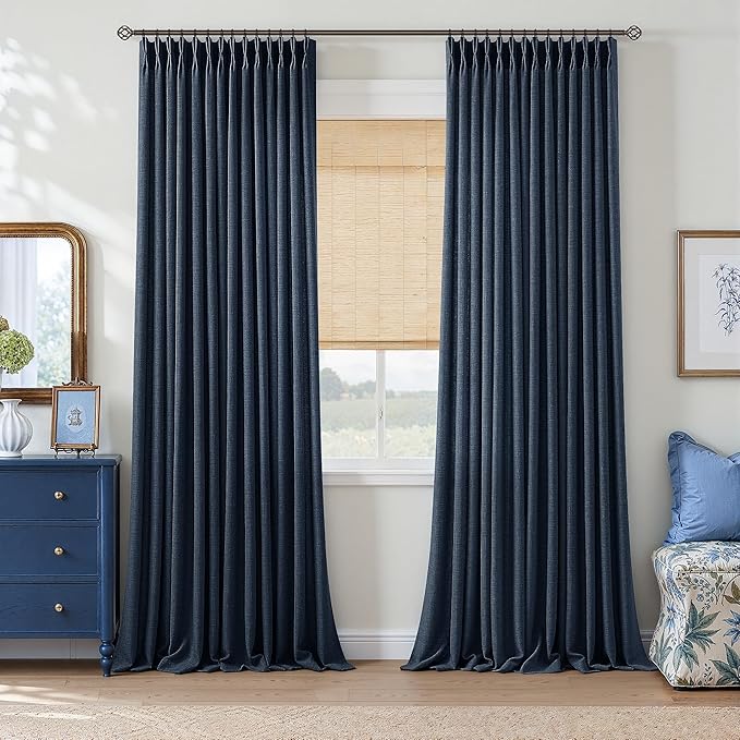 Navy Blue Pleated Linen Curtains 90 Inches Long 2 Panels Modern Custom Made Memory Trained Shaped Flax Linen Drapes with Back Tab for Bedroom Living Boy Room Semi Sheer Pinch Pleat Curtains 40x90