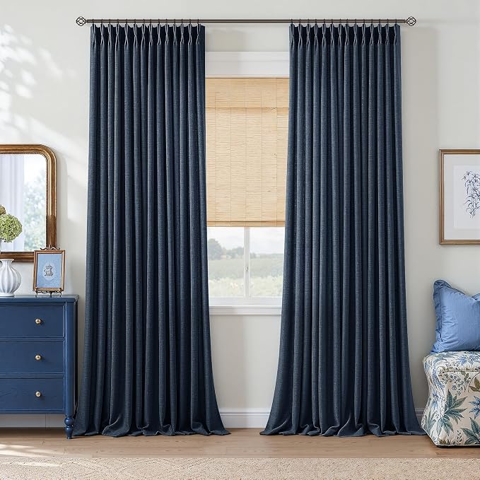 Navy Pleated Linen Curtains 96 Inch 2 Panels Set Memory Trained Shaped Semi Sheer Privacy Dark Blue Window Curtains for Living Dining Room Country Modern Back Tab Pinch Pleat Burlap Drapes 40x96