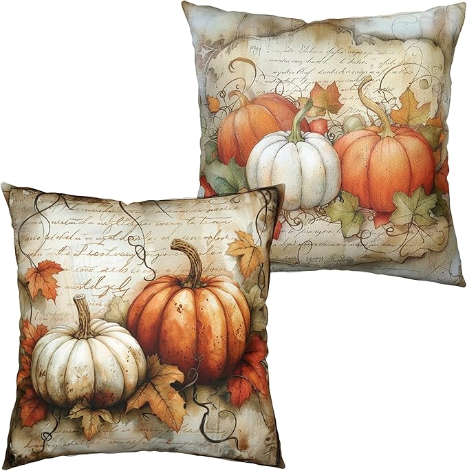 Watercolor Fall Outdoor Pillow Covers 16x16 White Orange Pumpkin with Maple Leaves Decorative Pillowcase Set of 2 Autumn Vintage Cushion Case for Couch Patio Bench