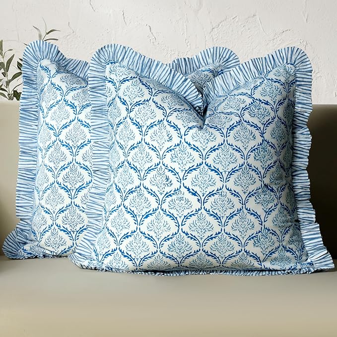 CPC Indigo Regal Hand Block Print 100% Cotton Ruffle Throw Pillow Cover 18x18 inch with Hidden Zipper Decorative for Couch, Bed, Sofa, Farmhouse, Cottagecore Decor Gift Christmas Fall Thanksgiving